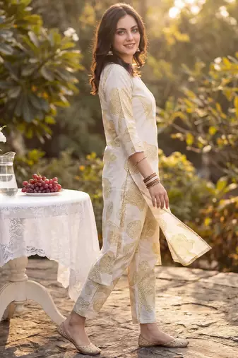 Beige printed pure cotton kurta trouser set