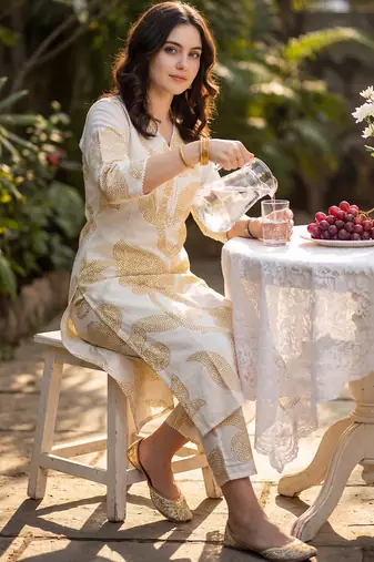 Beige printed pure cotton kurta trouser set