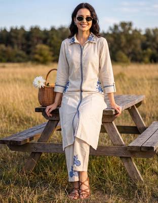Off white printed pure cotton kurta trouser set 1
