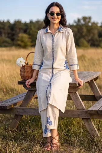 Off white printed pure cotton kurta trouser set