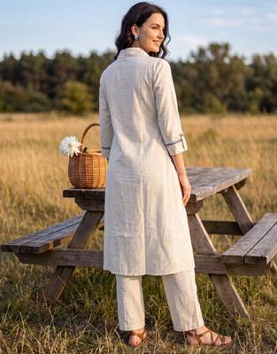 Off white printed pure cotton kurta trouser set 2
