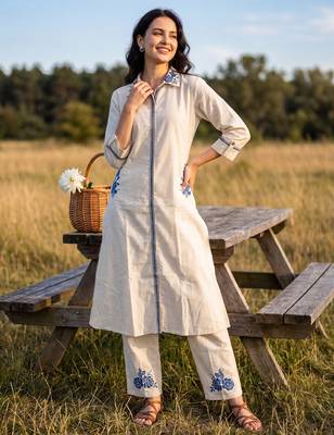 Off white printed pure cotton kurta trouser set 3