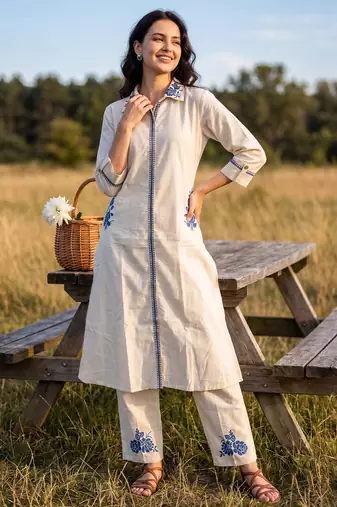 Off white printed pure cotton kurta trouser set