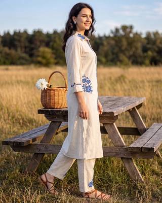 Off white printed pure cotton kurta trouser set 4