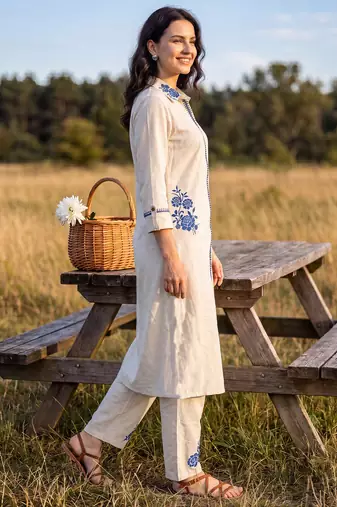 Off white printed pure cotton kurta trouser set