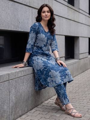 Blue printed pure cotton kurta trouser set 1