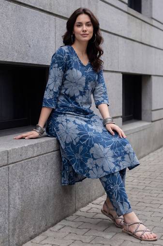 Blue printed pure cotton kurta trouser set