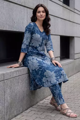 Blue printed pure cotton kurta trouser set