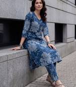 Blue printed pure cotton kurta trouser set