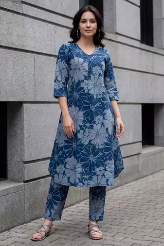 Blue printed pure cotton kurta trouser set