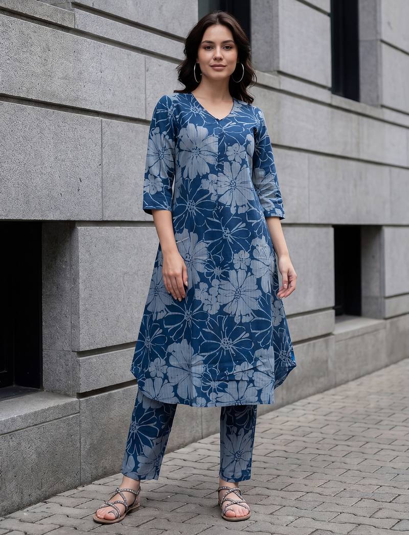 Blue printed pure cotton kurta trouser set