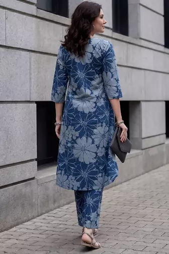 Blue printed pure cotton kurta trouser set