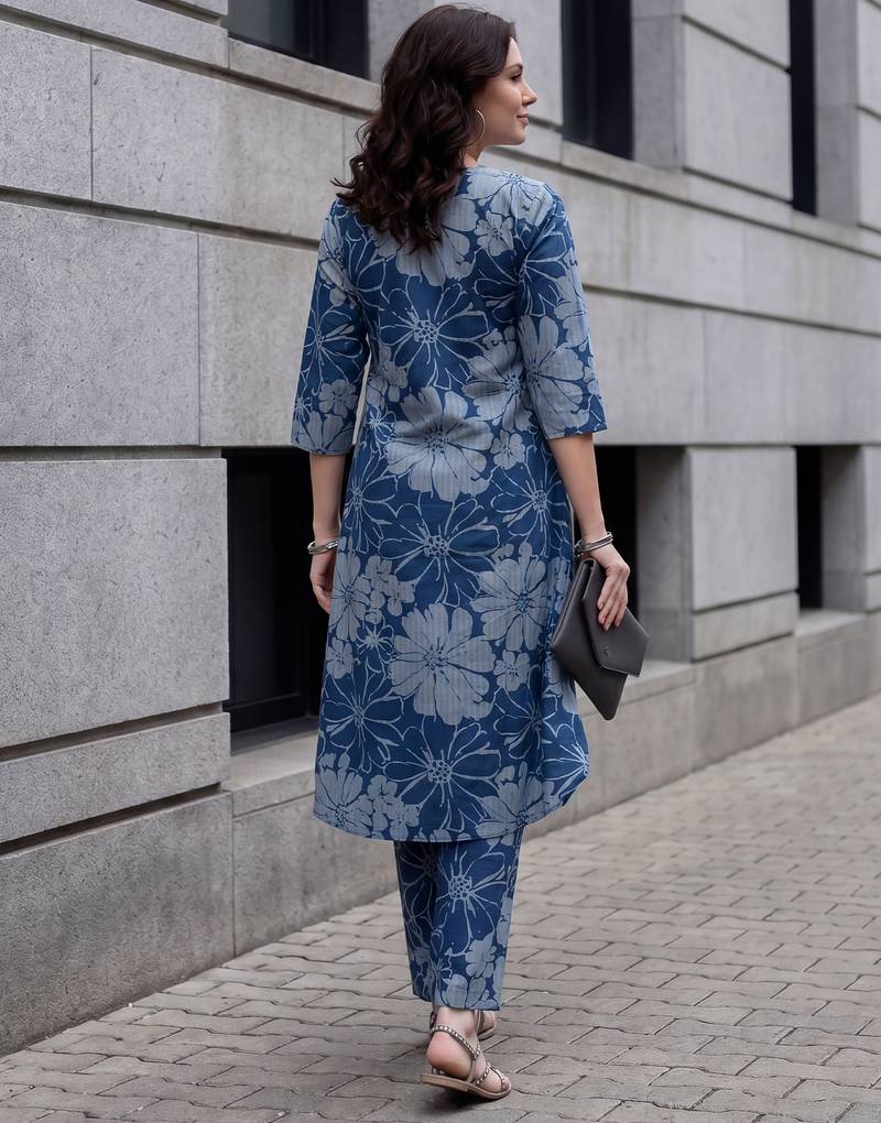 Blue printed pure cotton kurta trouser set