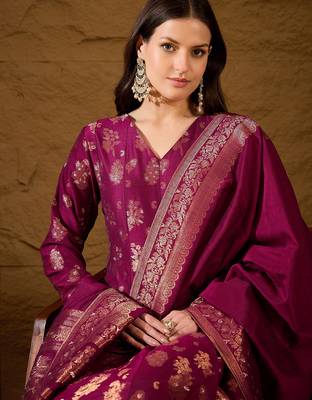 Women’s pink poly chanderi floral self-design gown with trouser & dupatta | elegant ethnic party wear set 1