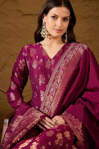 Women’s pink poly chanderi floral self-design gown with trouser & dupatta | elegant ethnic party wear set