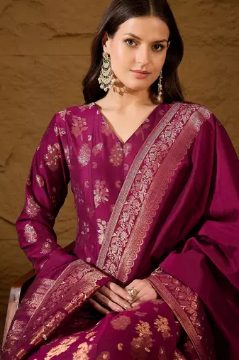 Women’s pink poly chanderi floral self-design gown with trouser & dupatta | elegant ethnic party wear set