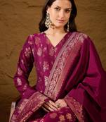 Women’s pink poly chanderi floral self-design gown with trouser & dupatta | elegant ethnic party wear set