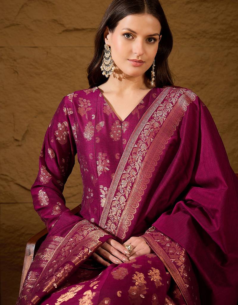 Women’s pink poly chanderi floral self-design gown with trouser & dupatta | elegant ethnic party wear set