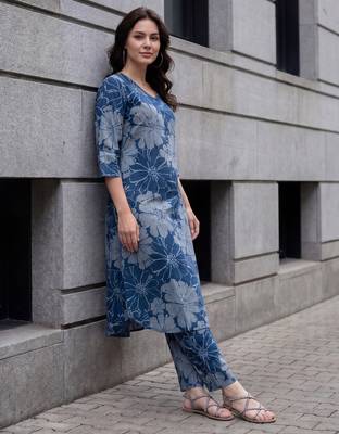 Blue printed pure cotton kurta trouser set 4