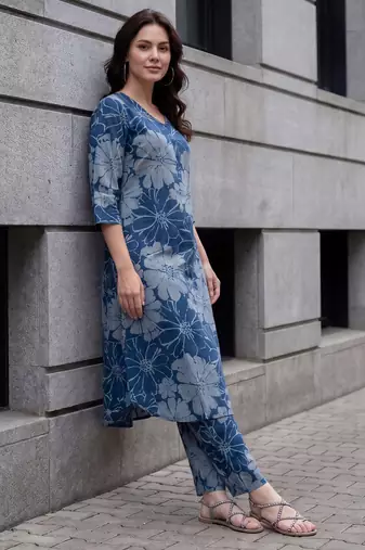 Blue printed pure cotton kurta trouser set