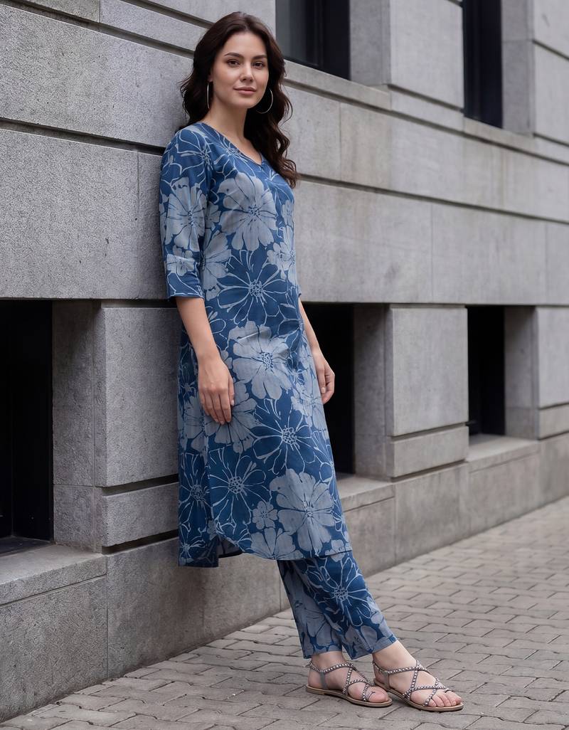 Blue printed pure cotton kurta trouser set