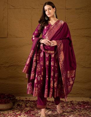 Women’s pink poly chanderi floral self-design gown with trouser & dupatta | elegant ethnic party wear set 2