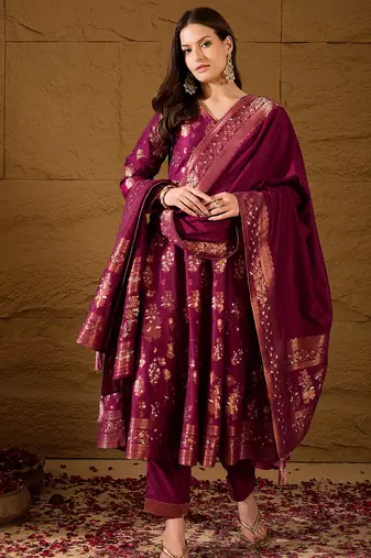 Women’s pink poly chanderi floral self-design gown with trouser & dupatta | elegant ethnic party wear set