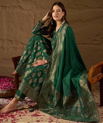 Women’s green poly chanderi floral self-design gown with trouser & dupatta | elegant ethnic party wear set 1