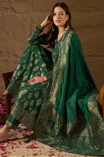 Women’s green poly chanderi floral self-design gown with trouser & dupatta | elegant ethnic party wear set