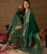 Women’s green poly chanderi floral self-design gown with trouser & dupatta | elegant ethnic party wear set