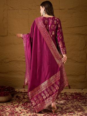 Women’s pink poly chanderi floral self-design gown with trouser & dupatta | elegant ethnic party wear set 3