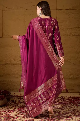 Women’s pink poly chanderi floral self-design gown with trouser & dupatta | elegant ethnic party wear set
