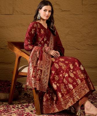 Women’s maroon poly chanderi floral self-design gown with trouser & dupatta | elegant ethnic party wear set 1