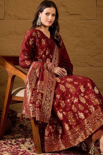 Women’s maroon poly chanderi floral self-design gown with trouser & dupatta | elegant ethnic party wear set