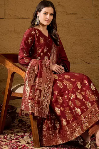 Women’s maroon poly chanderi floral self-design gown with trouser & dupatta | elegant ethnic party wear set