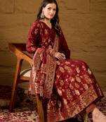 Women’s maroon poly chanderi floral self-design gown with trouser & dupatta | elegant ethnic party wear set