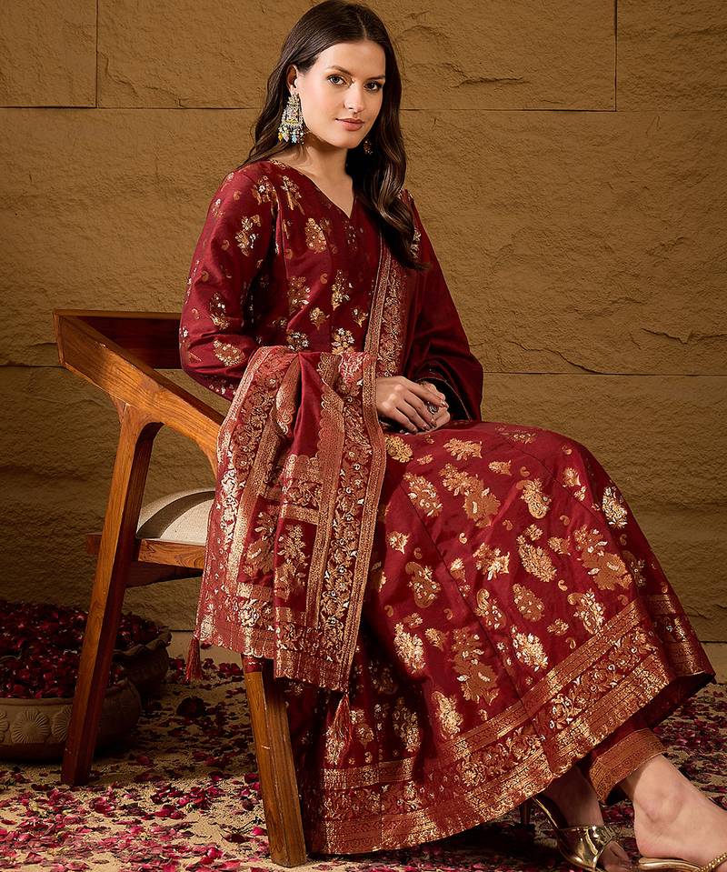 Women’s maroon poly chanderi floral self-design gown with trouser & dupatta | elegant ethnic party wear set