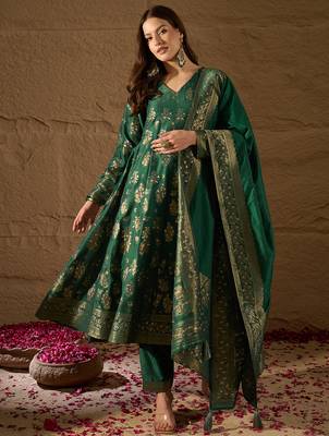 Women’s green poly chanderi floral self-design gown with trouser & dupatta | elegant ethnic party wear set 2