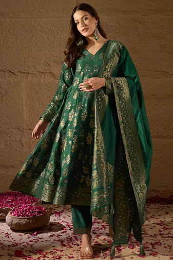 Women’s green poly chanderi floral self-design gown with trouser & dupatta | elegant ethnic party wear set