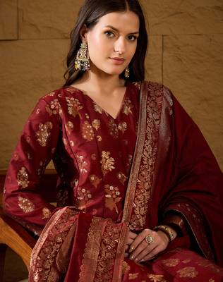 Women’s maroon poly chanderi floral self-design gown with trouser & dupatta | elegant ethnic party wear set 2