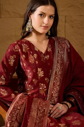 Women’s maroon poly chanderi floral self-design gown with trouser & dupatta | elegant ethnic party wear set