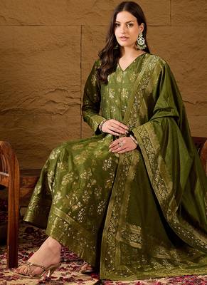 Women’s green poly chanderi floral self-design gown with trouser & dupatta | elegant ethnic party wear set 1