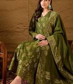 Women’s green poly chanderi floral self-design gown with trouser & dupatta | elegant ethnic party wear set