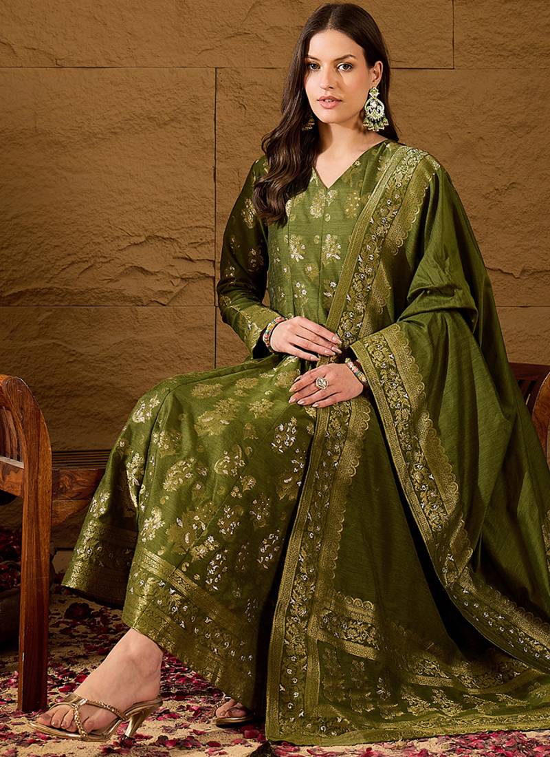 Women’s green poly chanderi floral self-design gown with trouser & dupatta | elegant ethnic party wear set