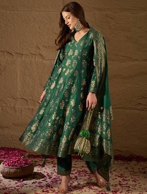 Women’s green poly chanderi floral self-design gown with trouser & dupatta | elegant ethnic party wear set 3