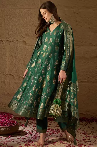 Women’s green poly chanderi floral self-design gown with trouser & dupatta | elegant ethnic party wear set
