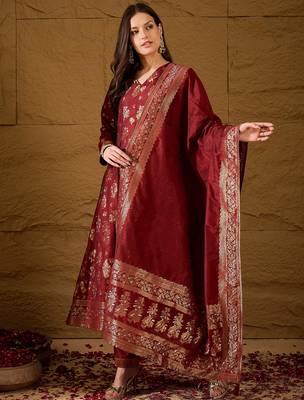 Women’s maroon poly chanderi floral self-design gown with trouser & dupatta | elegant ethnic party wear set 3