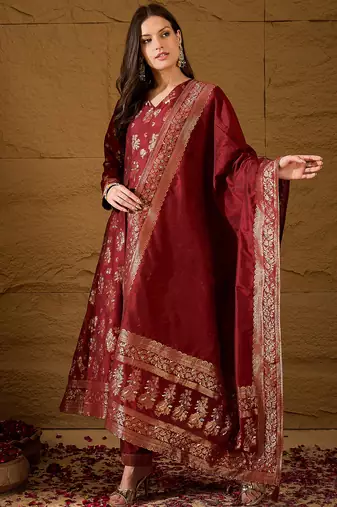 Women’s maroon poly chanderi floral self-design gown with trouser & dupatta | elegant ethnic party wear set