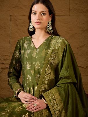 Women’s green poly chanderi floral self-design gown with trouser & dupatta | elegant ethnic party wear set 2