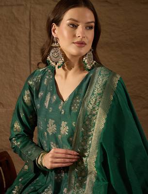 Women’s green poly chanderi floral self-design gown with trouser & dupatta | elegant ethnic party wear set 4